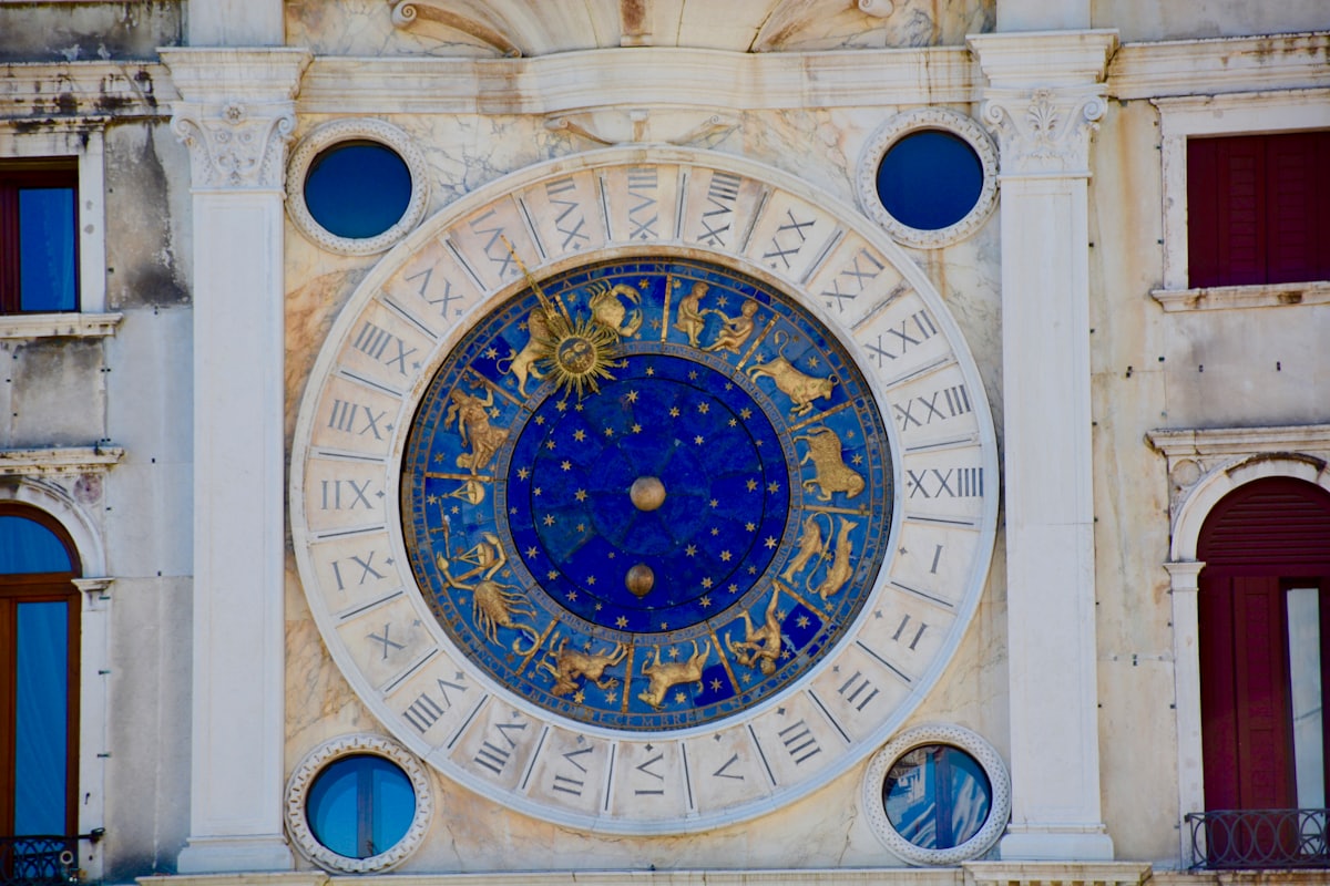 A gilded astronomical clock marked with the signs of the zodiac